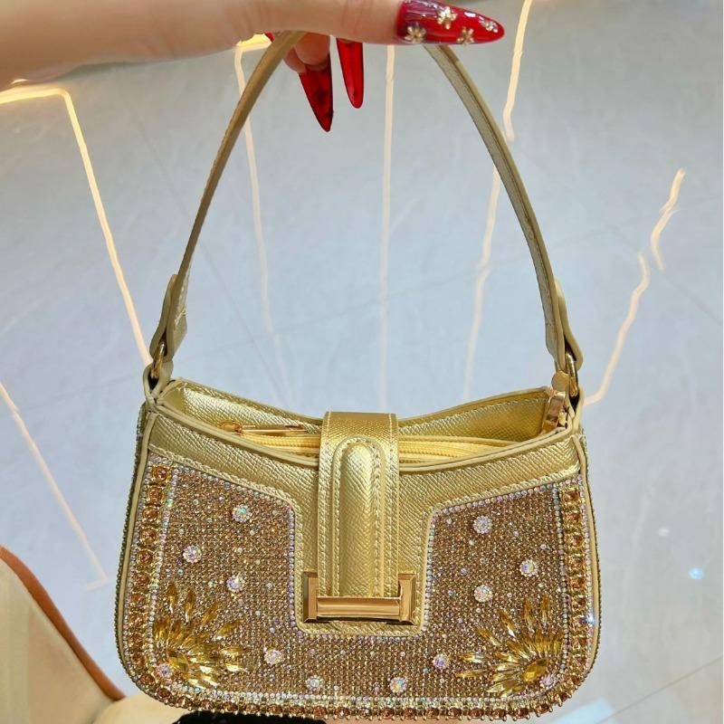 

Simple and Fashionable Handbag Single-shoulder Bag Evening Bag Commuting Bag Full Diamond Underarm Bag золотий
