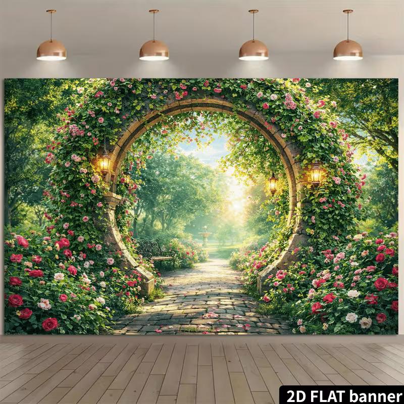 Vintage Stone Arch Floral Backdrop, Enchanted Garden with Roses Photo Banner for Events