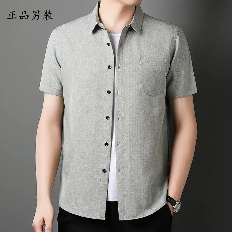 Men's Light Gray Short Sleeve Shirt Casual Button-Down Cotton Blend Shirt with Chest Pocket