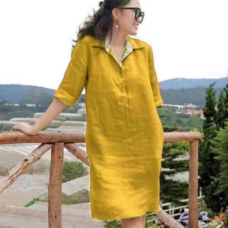 2023 Spring/Summer Plus Size V-neck Loose Mid-length Dress with Unique Design
