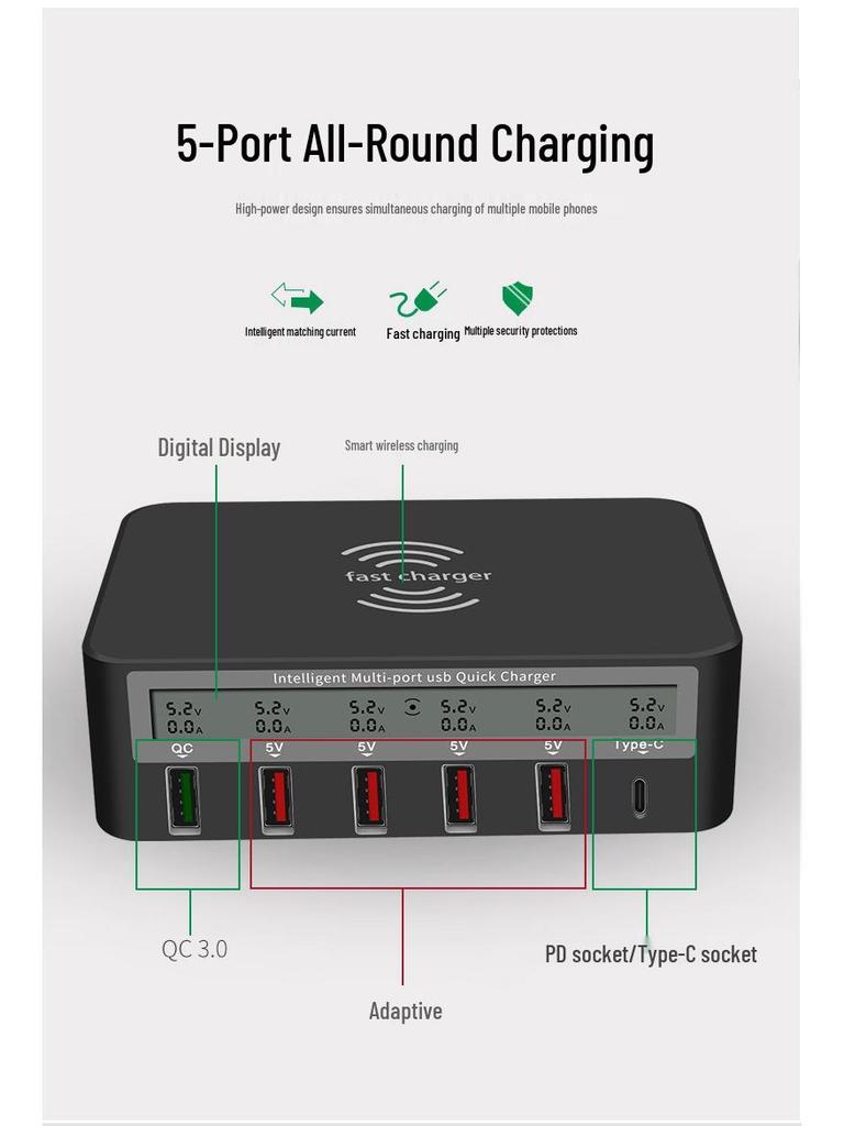 Multifunctional Fast Charging Wireless Smartphone Charger with Multi-Port USB – US & EU Standards