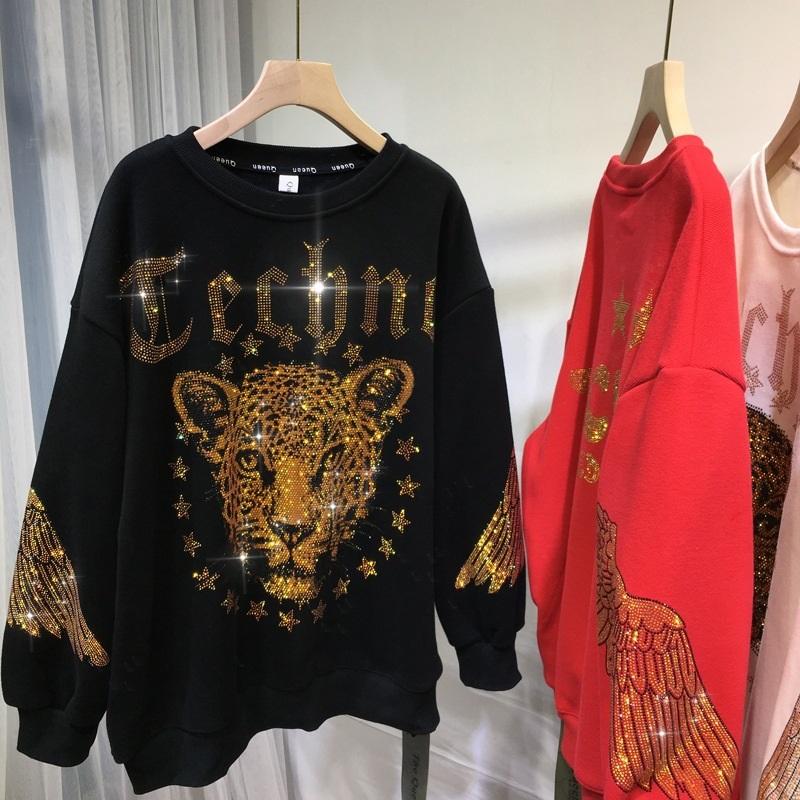 Rhinestone Leopard Print Sweatshirt  Oversized Crewneck 4XL