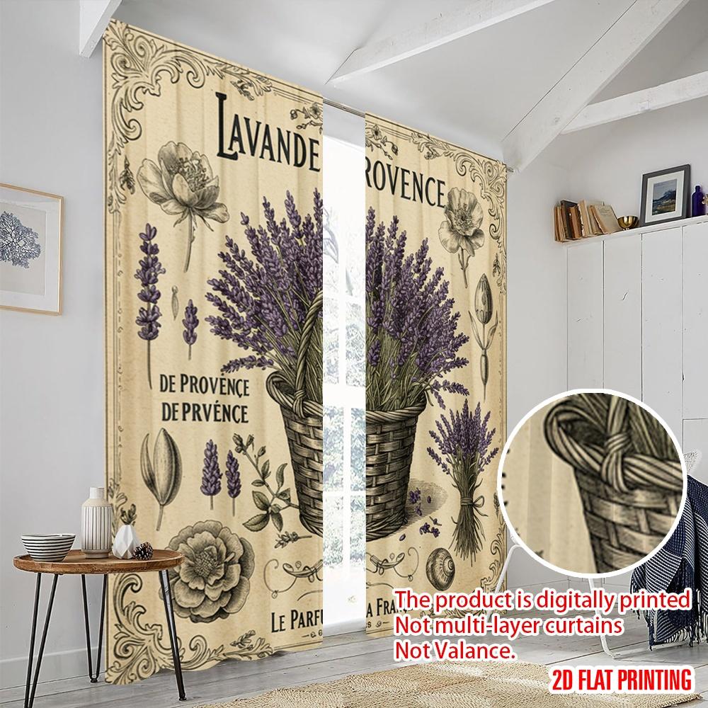 2pcs 2D Flat Printing Drapes Lavender Provence Basket Botanical Polyester Without Electricity Birthday Party Perfect for Holiday