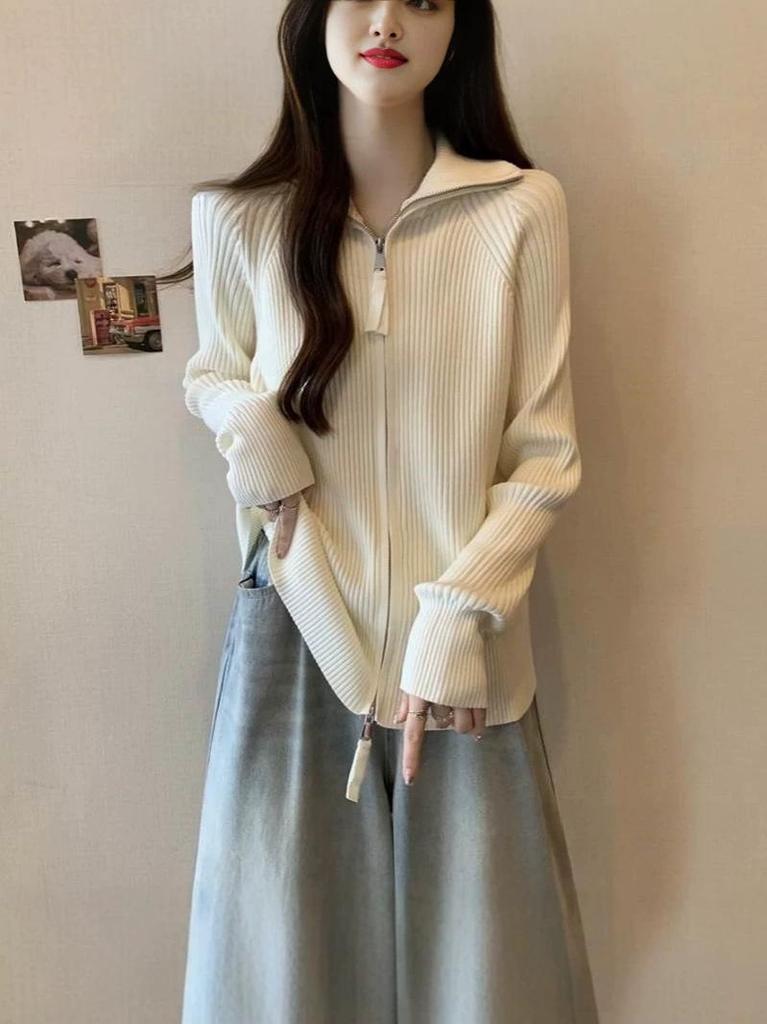 Women's Slimming European Style Maillard Sweater - Plus Size Double Zipper Cardigan for Early Spring