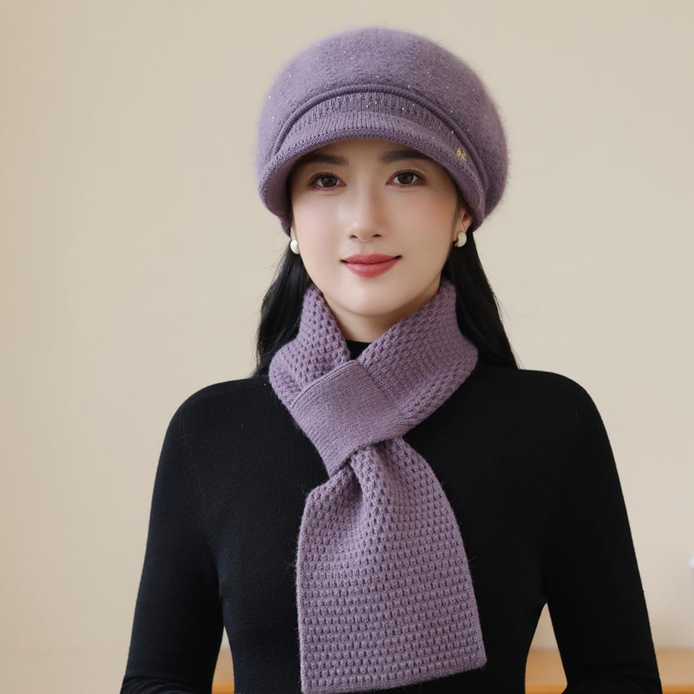 New Women Fashion Winter Warm Set K Letter Plush Fur Lined Warm Hats For Women Casual Rabbit Fur Blend Outdoor Dandy Knitted Cap