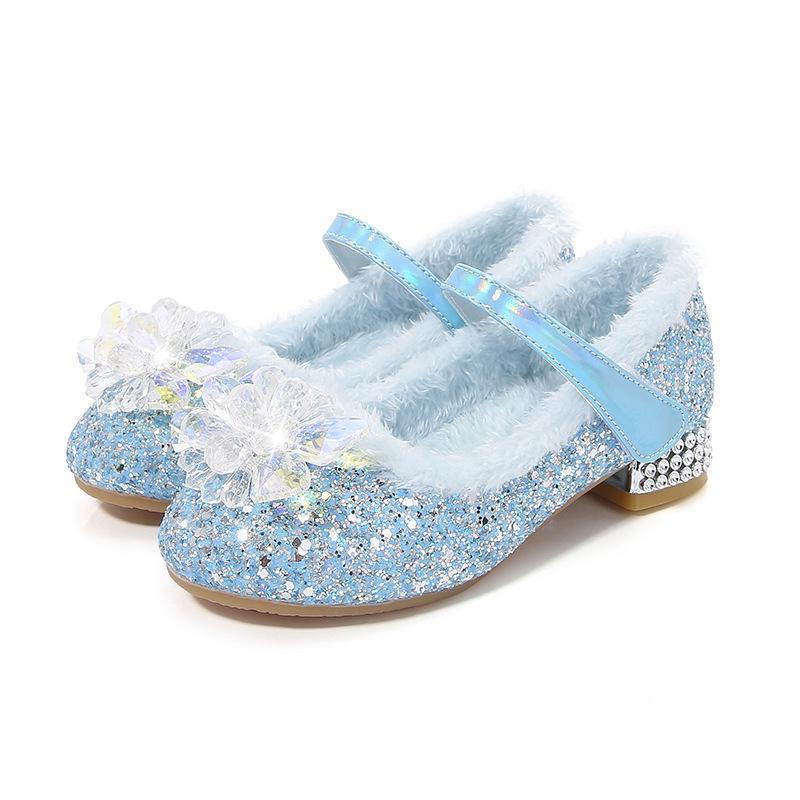 Blue Elsa Velvet Crystal High Heels for Girls - Winter Princess Shoes