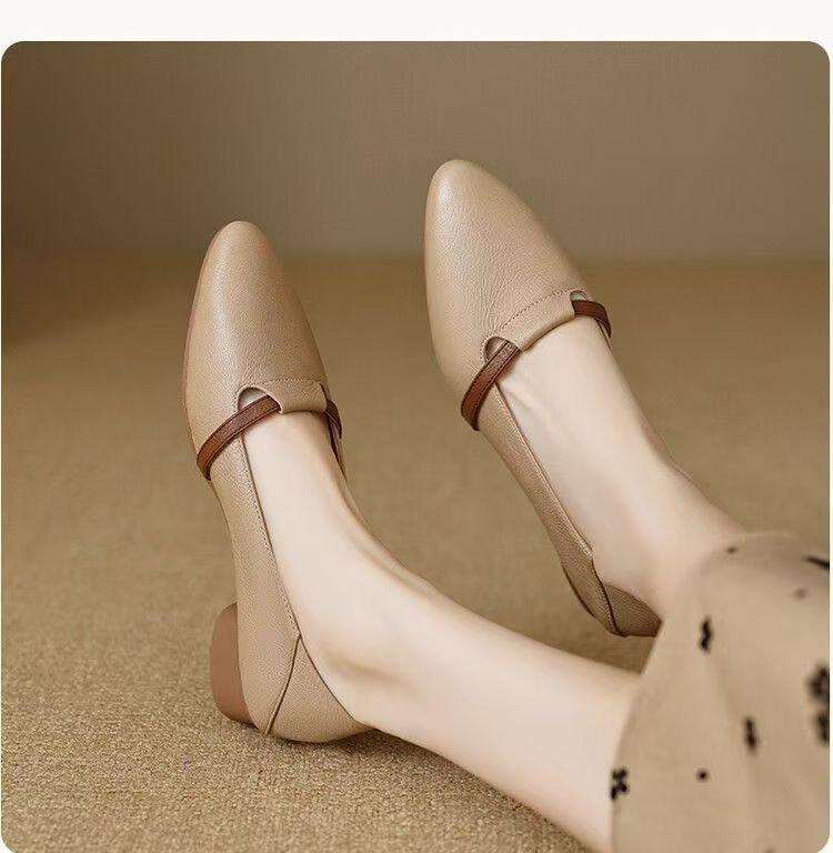 Single Shoes Women's 2025 Spring New Versatile Thick Heel Soft Leather Soft Sole Not Tired Foot Pedal Pointed Work Small Leather Shoes