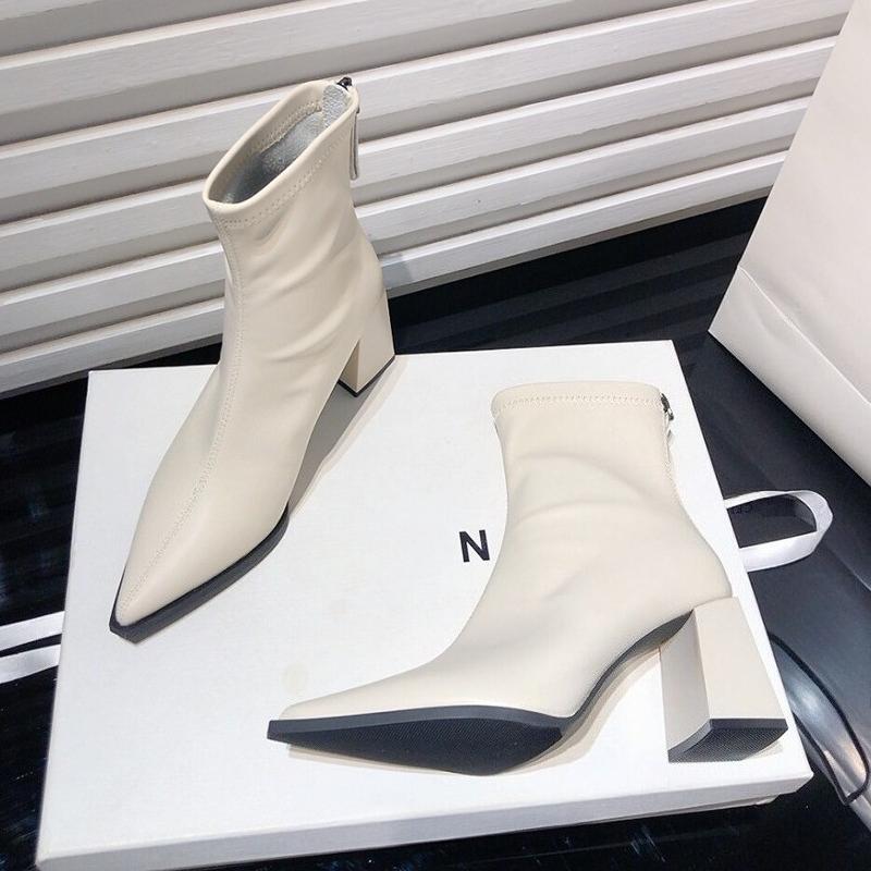 

Модные Осенне-Зимние Женские Ботильоны Элегантные Толстые Каблуки Острый Носок Обувь Современные Короткие Боты Для Женщин 35 бежевый
