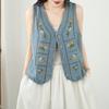 Sleevess plus size vintage embroidery floral denim vest jaket causal loose spring summer autumn women's jackets and vests