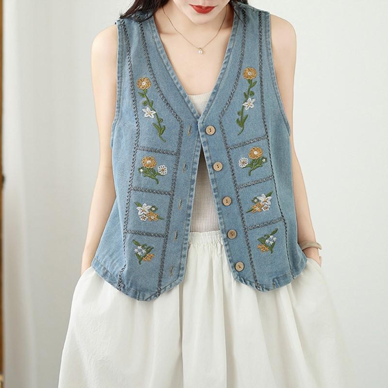 Sleevess plus size vintage embroidery floral denim vest jaket causal loose spring summer autumn women's jackets and vests