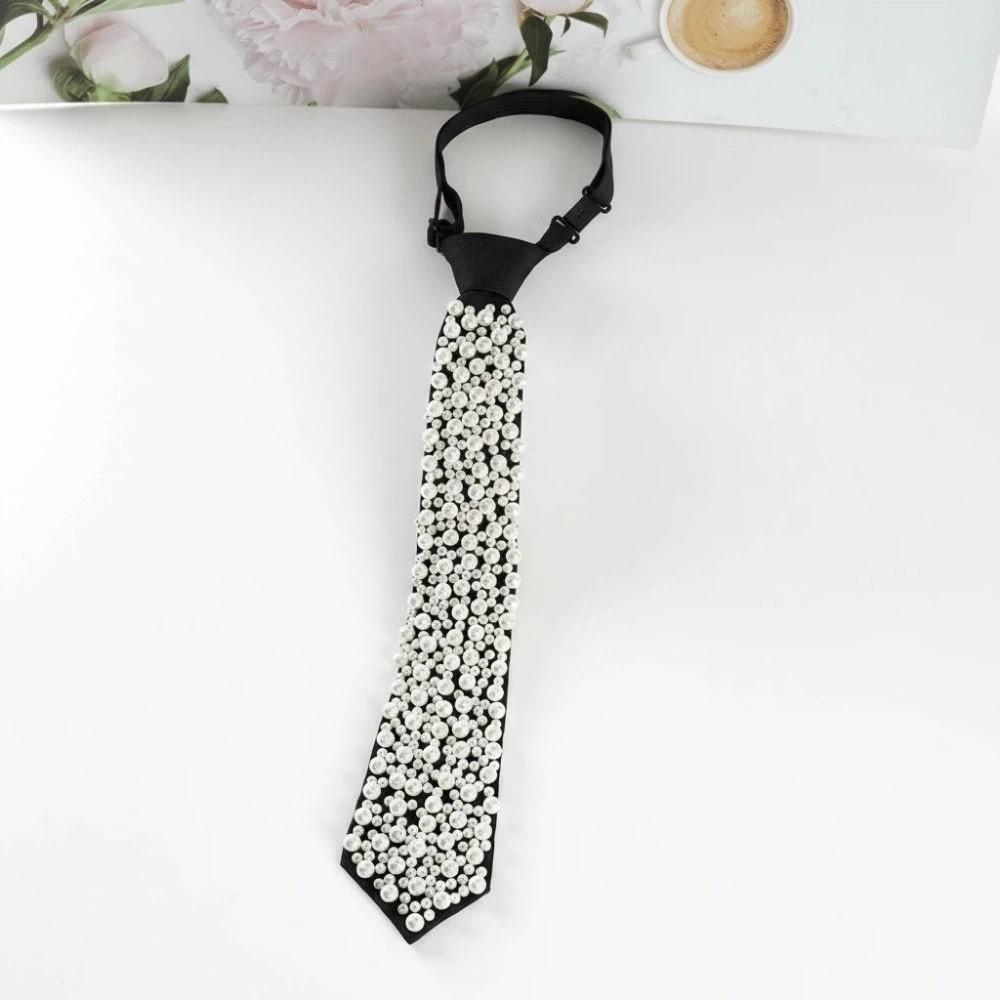 Korean Style Full Pearls Tie Black Decoration Shirt Tie Hand-beaded Long Necktie  Performance