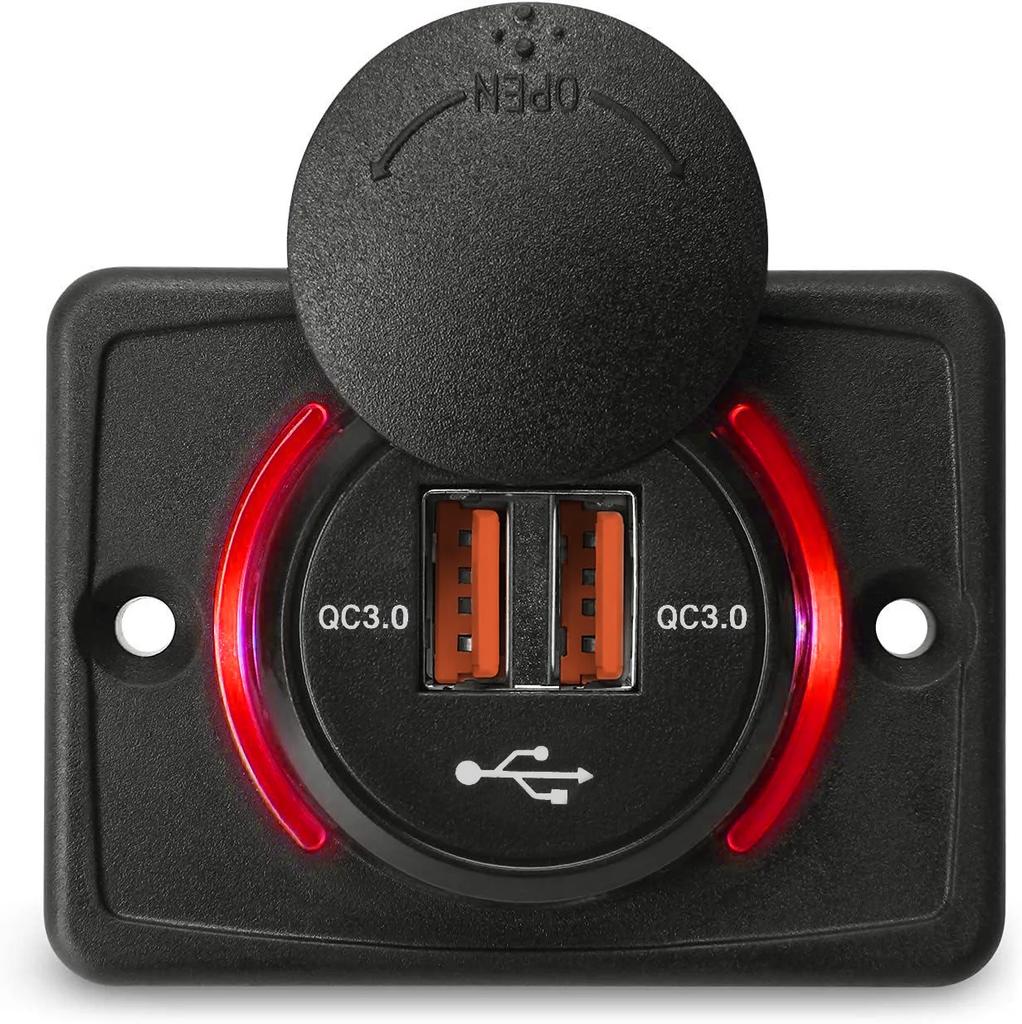 12-24V QC3.0/3.1A Dual USB Charger Power Socket Adapter Charging Panel Mount for Motorbike Car Boat ATV UTV Camper Caravans