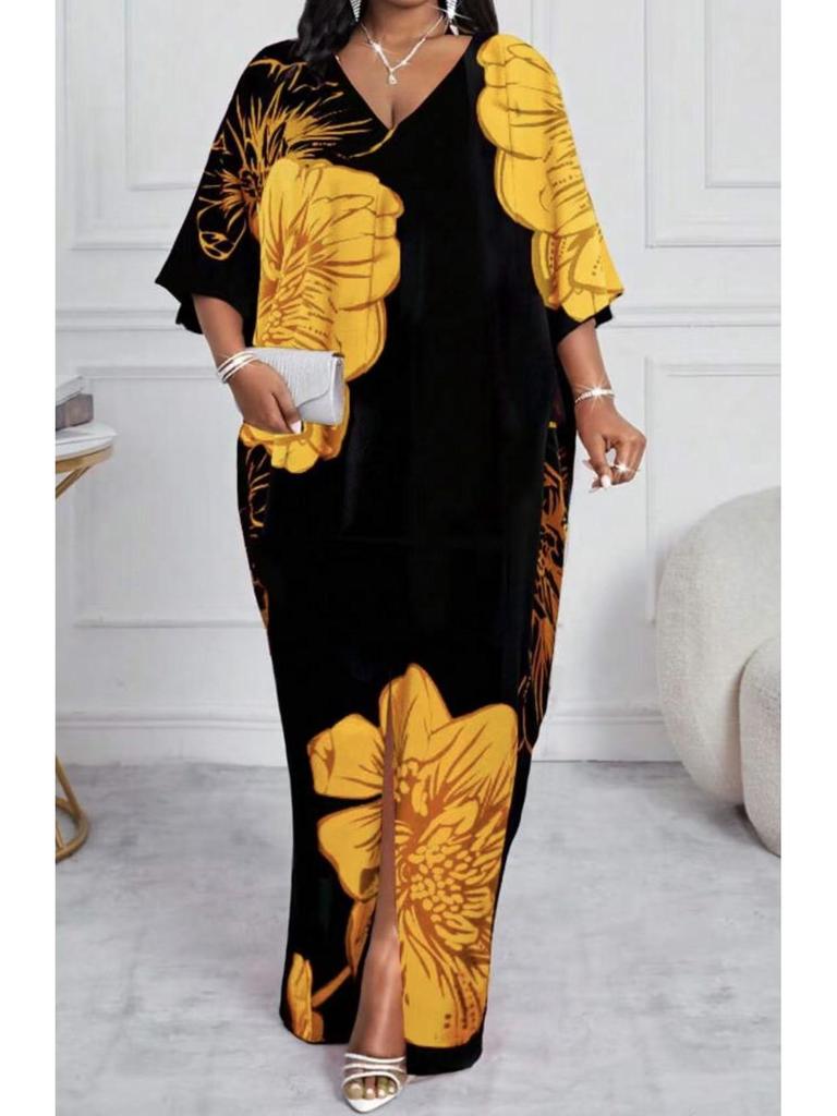 2026 European Summer Women's V-Neck Long Print Casual Fashion Dress