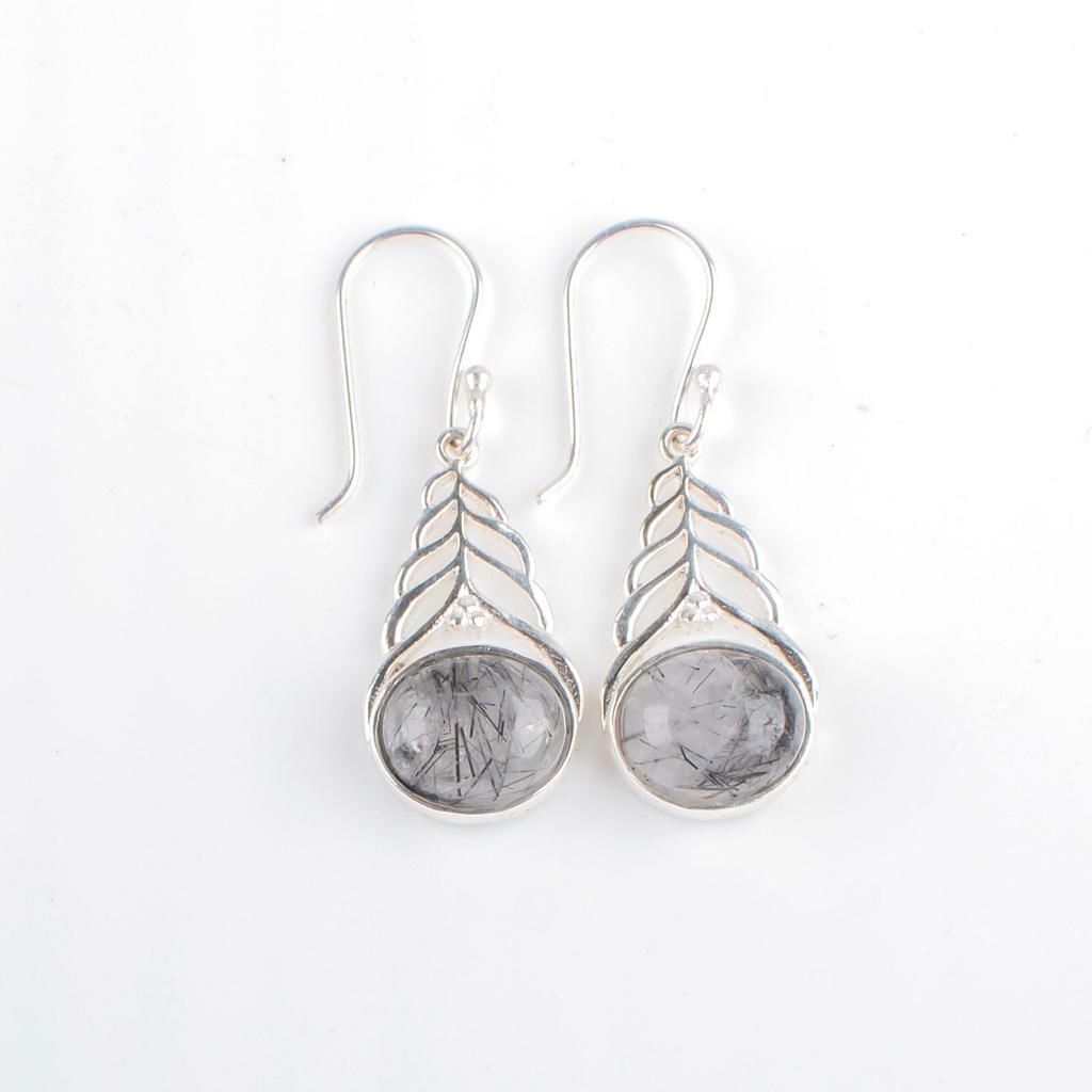 Natural Black Rutile Gemstone 925 Sterling Silver Jewelry Dangle Earrings 1.64" CE-1-26