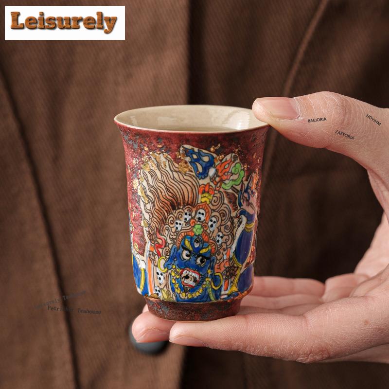 61ml Plant Ash Thangka Hand Painted Mahakala Teacup Retro Tea Bowl Cup For Tea Tea-tasting Smelling Cup Chazhan Master Cups Cafe