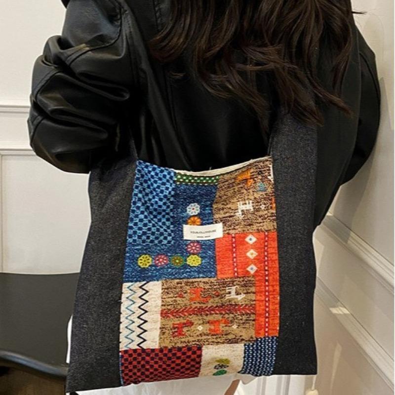 New niche shoulder bag women's versatile denim patchwork strap messenger bag fashion trend large capacity canvas bag