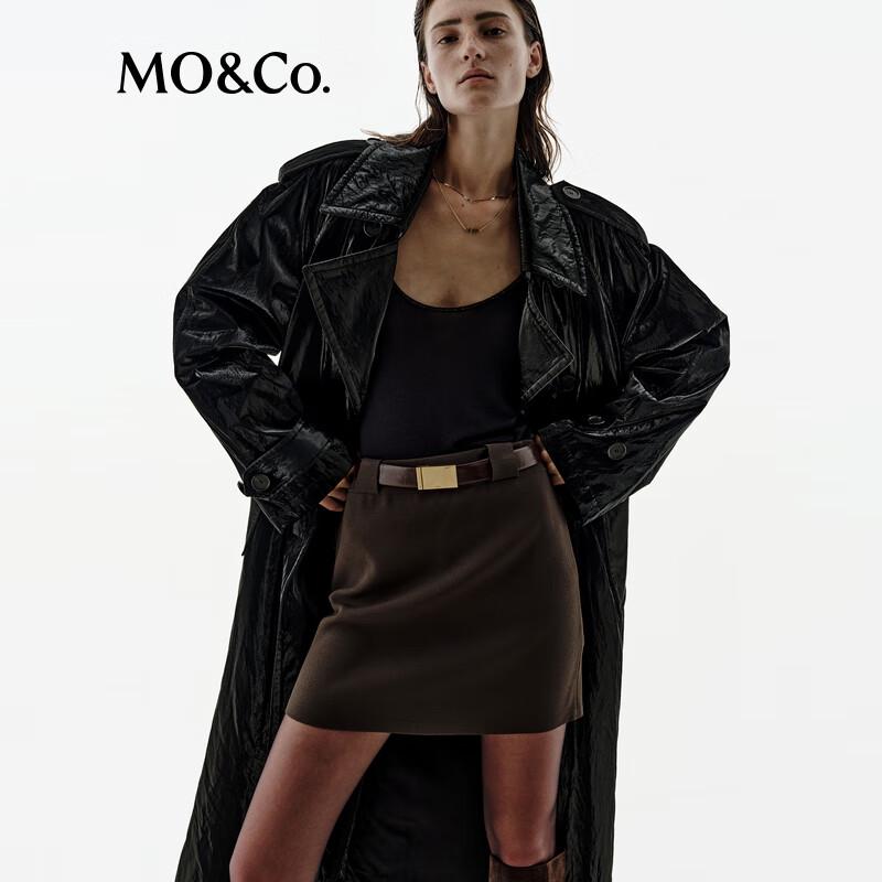 MO&Co. NOIR Faux Leather Double-Breasted Trench Coat