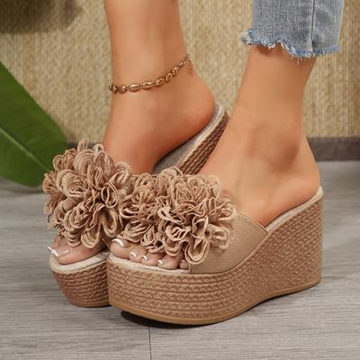 Elegantes Sandalias de Cuña Adornadas con Flores para Mujer