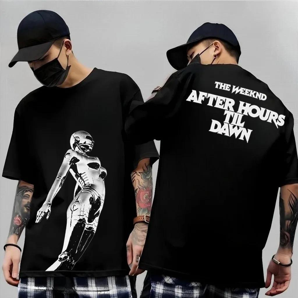 Schwarzes Oversized-Baumwoll-T-Shirt mit Retro-Porträt von The Weeknd und „Dawn FM“-Logo für treue Fans des R&B-Stars