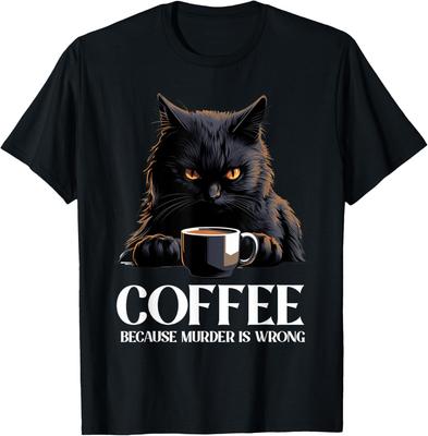 Vintage Black Cat Drinking Coffee Because Murder Is Wrong Gift Unisex T-Shirt