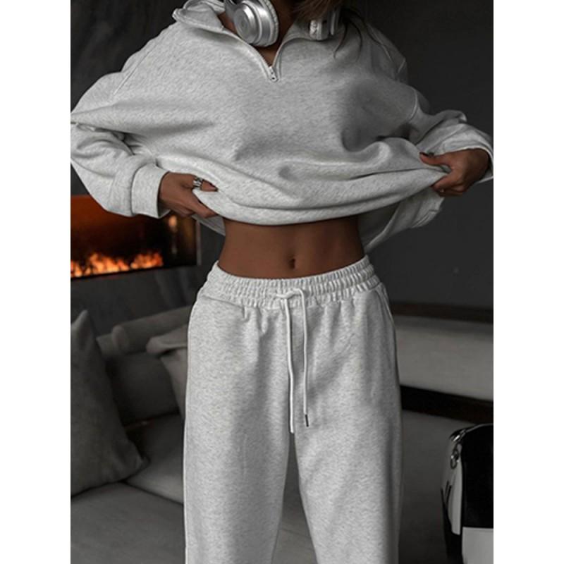 Womens Casual 2 Piece Set Long Sleeve Sweatshirt Pants Solid Color Street Sportswear