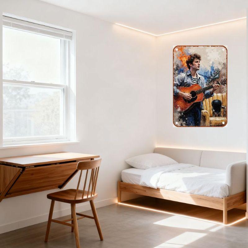 Vintage Metal Tin Sign, Watercolor Man Playing Acoustic Guitar with Retro Couch & Chair, Rusty Border, Wall Art for Home Bar Man