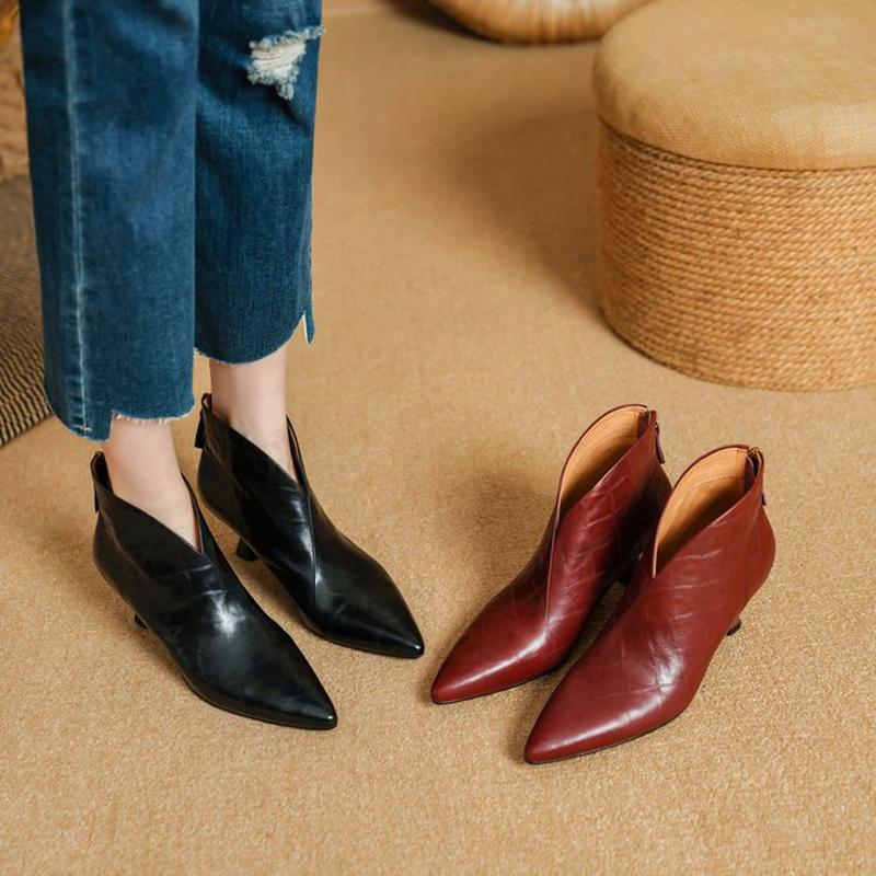 Mode NEU Herbst/Winter Damenstiefel Spitzschuh Kitten Heel Schuhe Echtes Leder Schuhe für Damen Reißverschluss Stiefeletten Elegant Moderne Stiefel