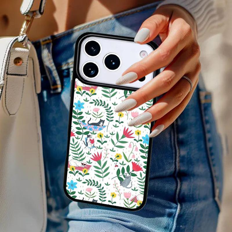 Lovely Flower Cat Animal Pattern Phone Case For iPhone 17 Air 14 15 13 12 Max Cover For Apple 16e 11 Pro Max Plus Coque