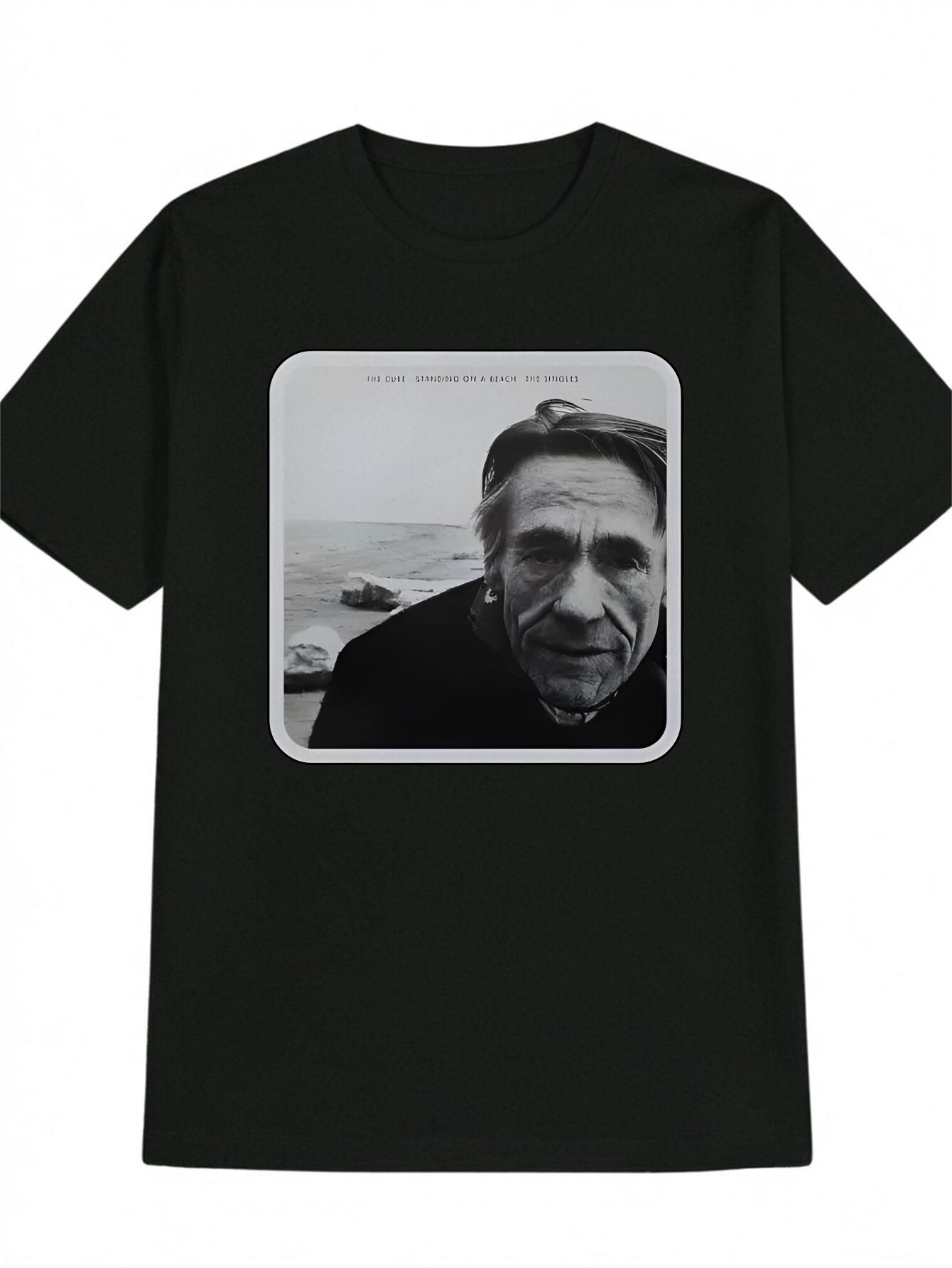

Casual Graphic T-shirt with Vintage Beach Portrait Print - Black Round Neck Summer Tee XXXL