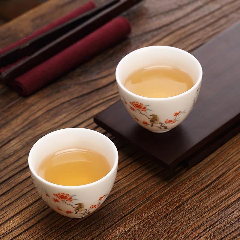 Boutique Suet Jade Ceramic Teacup Personal Meditation Cup Hand Painted Flowers Tea Bowl Pu'er Master Cup Tea Set Accessories