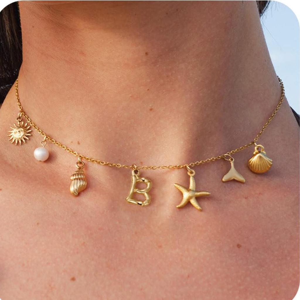 MHS.SUN Seestern Muschel Initialen Halskette Wasserdicht 18K Vergoldeter Edelstahl Anhänger Halsketten Surfer Girl Sommer Strand Geschenk