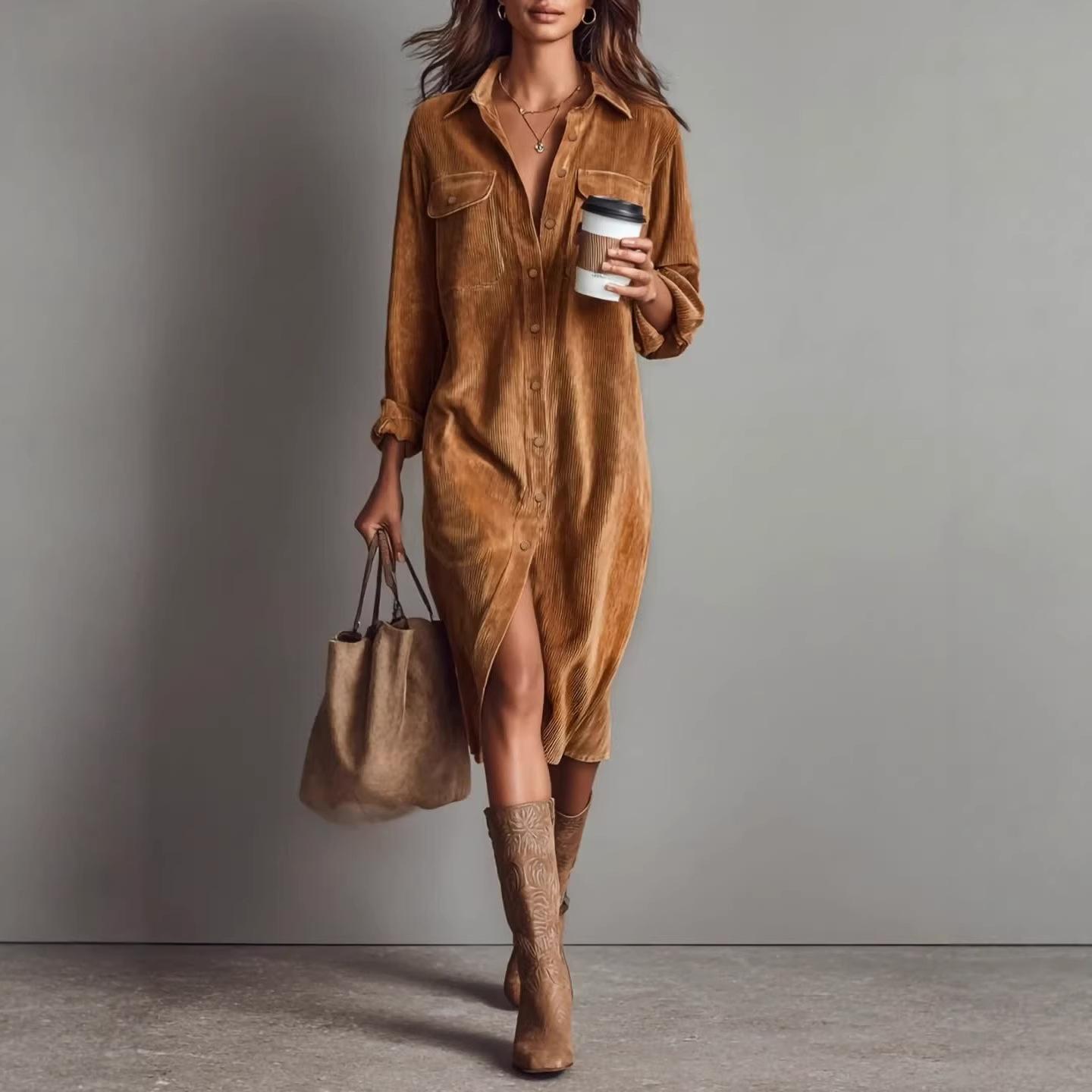 European and American French retro style medium and long dress single-breasted lapel long-sleeved women s dress S