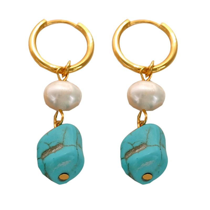 High-End Irregular Blue Turquoise and Cultured Pearl Ear Cuffs - Fashionable Temperament Jewelry