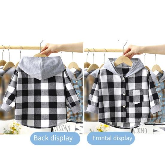 Kids Plaid Hooded Shirt Spring Fall Chest Pocket Button Closure Loose Causal Boys Girls Toddlers Children Long Sleeves Top Jacket