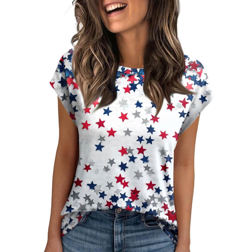 Women's Round Neck Short Sleeve Mid-Length T-Shirt Loose Casual Independence Day Printed Short Sleeve T-Shirt Top