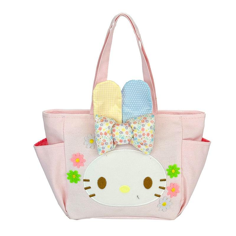 New cute rabbit ears flower canvas embroidered shoulder bag lunch bag portable student bento shoulder bag