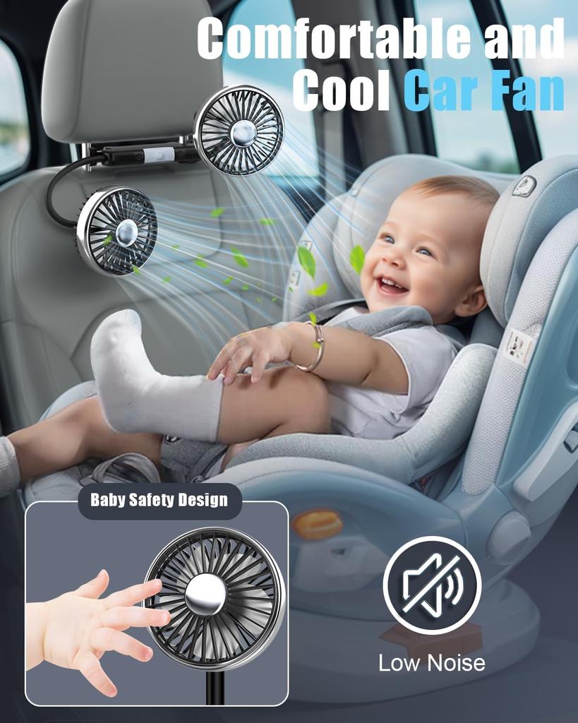 Dual Car Backseat Cooling Fans with 2 Independent Heads and Lights 3 Speeds 360° Rotatable Quiet Vehicle Fans