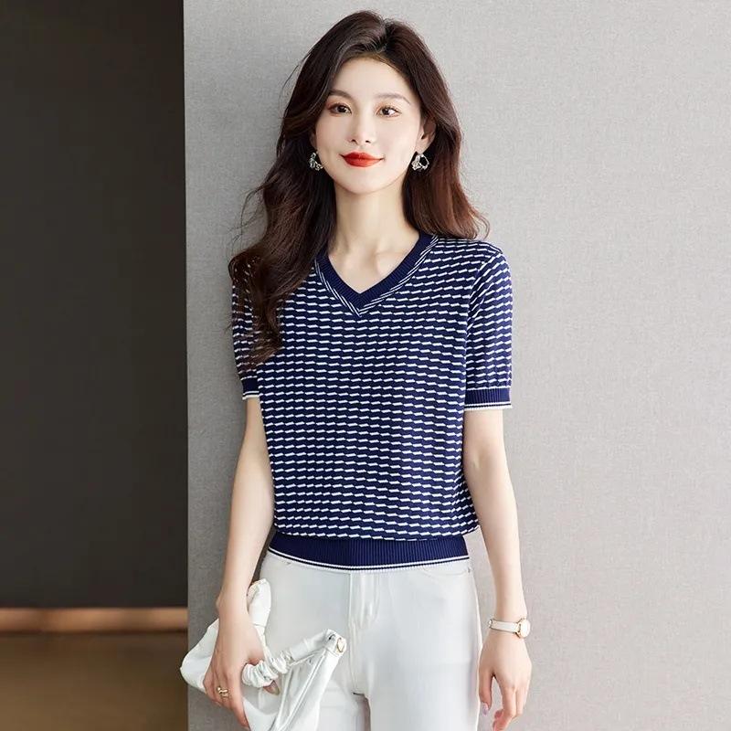 Women's Knitted T-shirt Short Sleeved V-neck Ice Silk T-shirt Color Blocked Loose Top