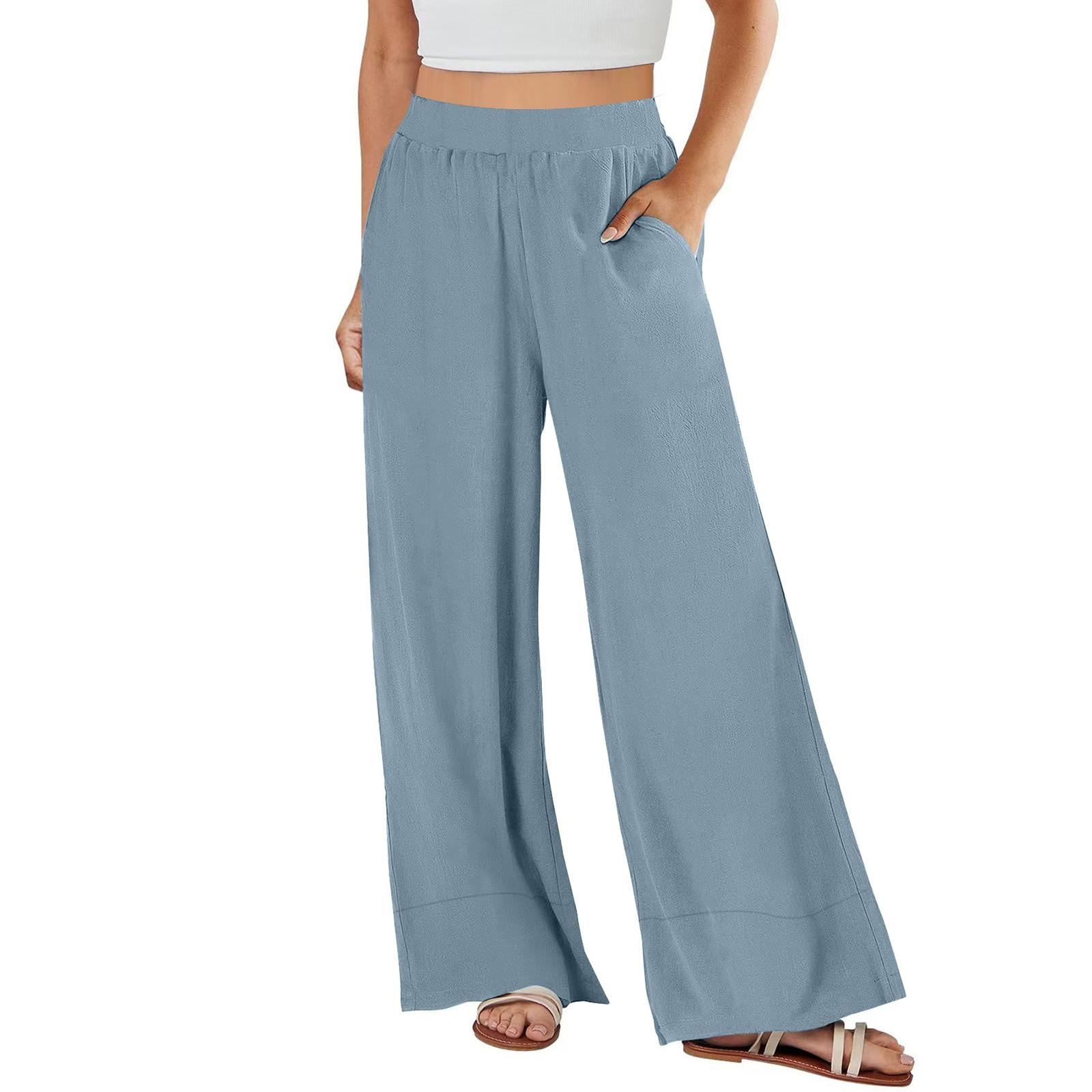 

Women s Loose High-waisted Cotton And Linen Solid Color Straight-leg Flared Pocket Wide-leg Pants S синий