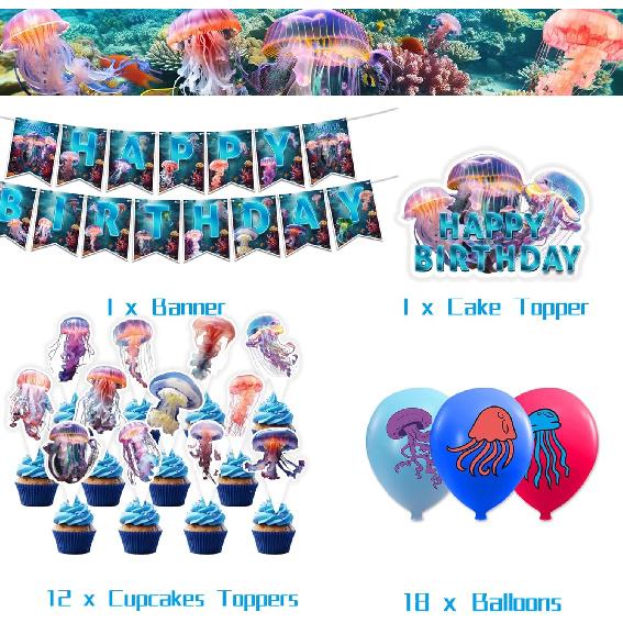 Jellyfish Birthday Party Decorations Jellyfish Party Supplies Includes Under the Sea Jellyfish Birthday Banner Cake Topper Cupcake Toppers Balloons