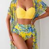 1 Set of Swimsuit Maple Leaf Print High Waisted Mesh Jacket Triangle Slimming Bikini Swimsuit Women's Set