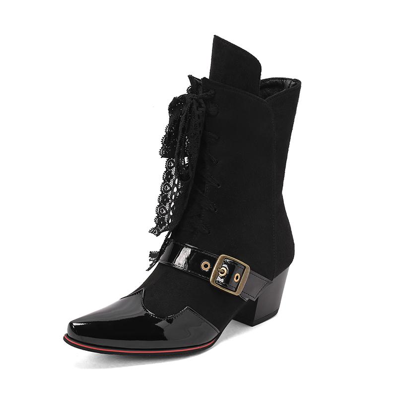 2025 Plus Size Peacock Printed Floral Fabric Patchwork Patent Leather Lace Up Women's Short Boots Belt Buckle Flower Ankle Boots