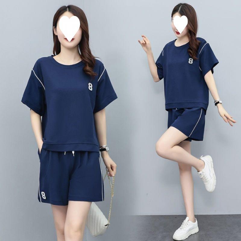 Short-sleeved Shorts Loose Suit Women's Summer Solid Color Round Neck Slim Sweatshirt Running Two-piece Set