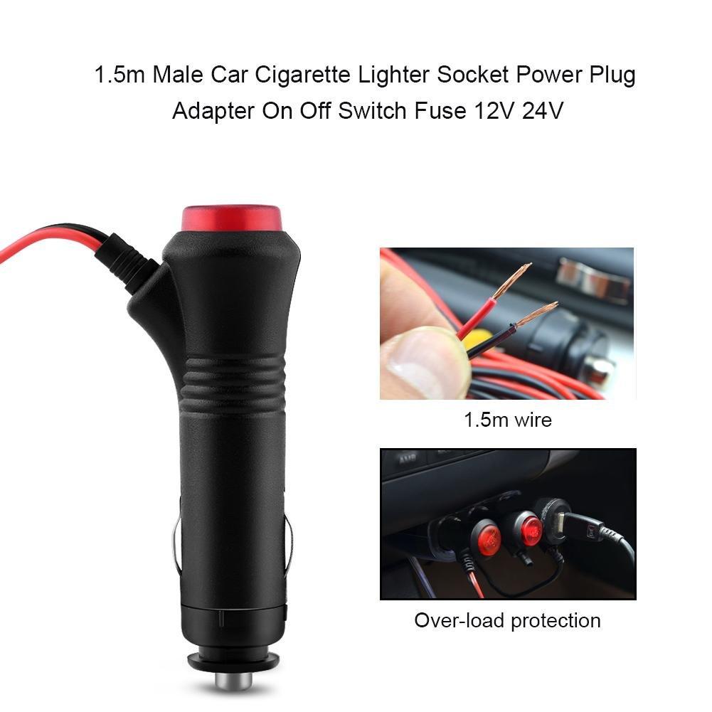 Akozon Cigarette Lighter Plug Wire, 1.5m Male Car with Cigarette Lighter Socket, Power Plug Adapter, On/Off Switch Fuse, , 24v