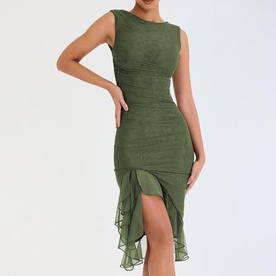 Vestido Elegante Midi com Babados, Vestido Irregular Sem Mangas e Decotado nas Costas