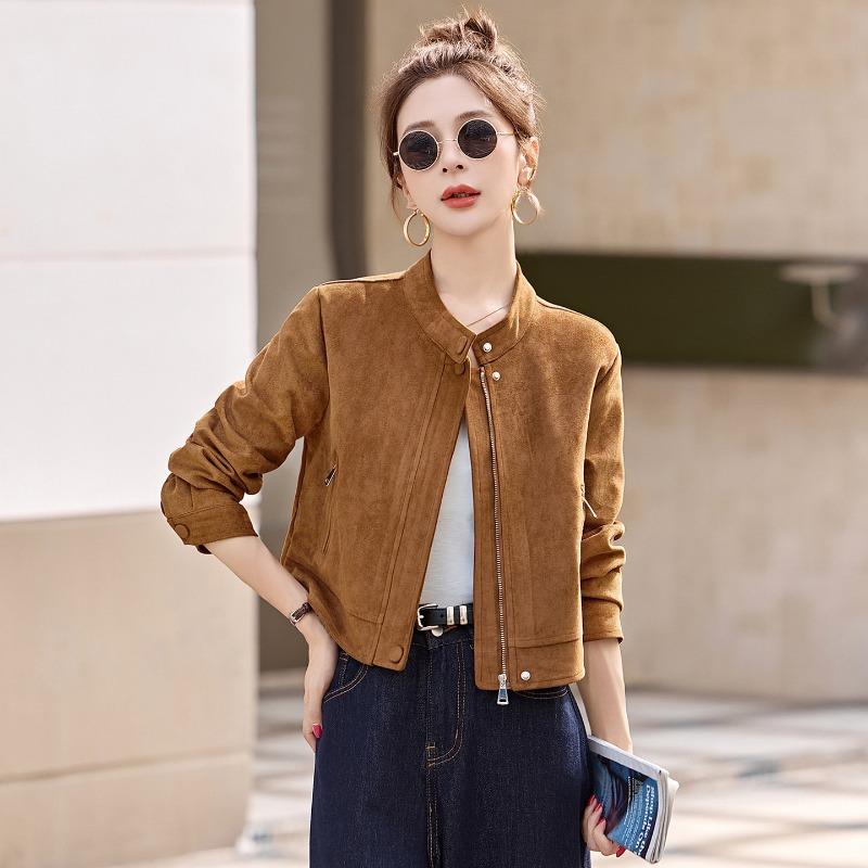Stand-up collar short suede jacket women, autumn new retro casual versatile front shoulder jacket top