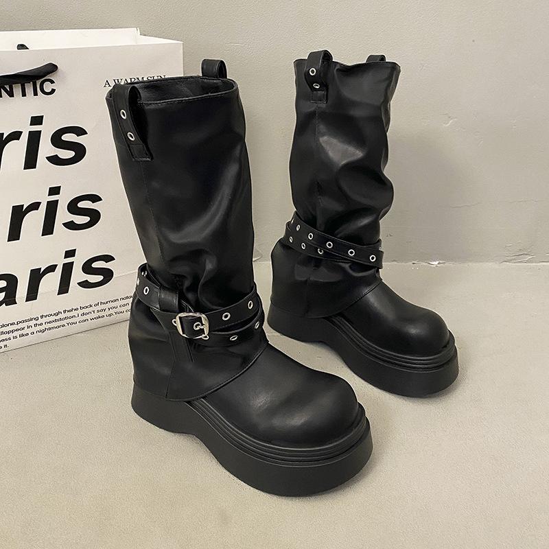 

White retro platform boots women s boots 2025 new autumn versatile small height-increasing and thin trouser boots 35