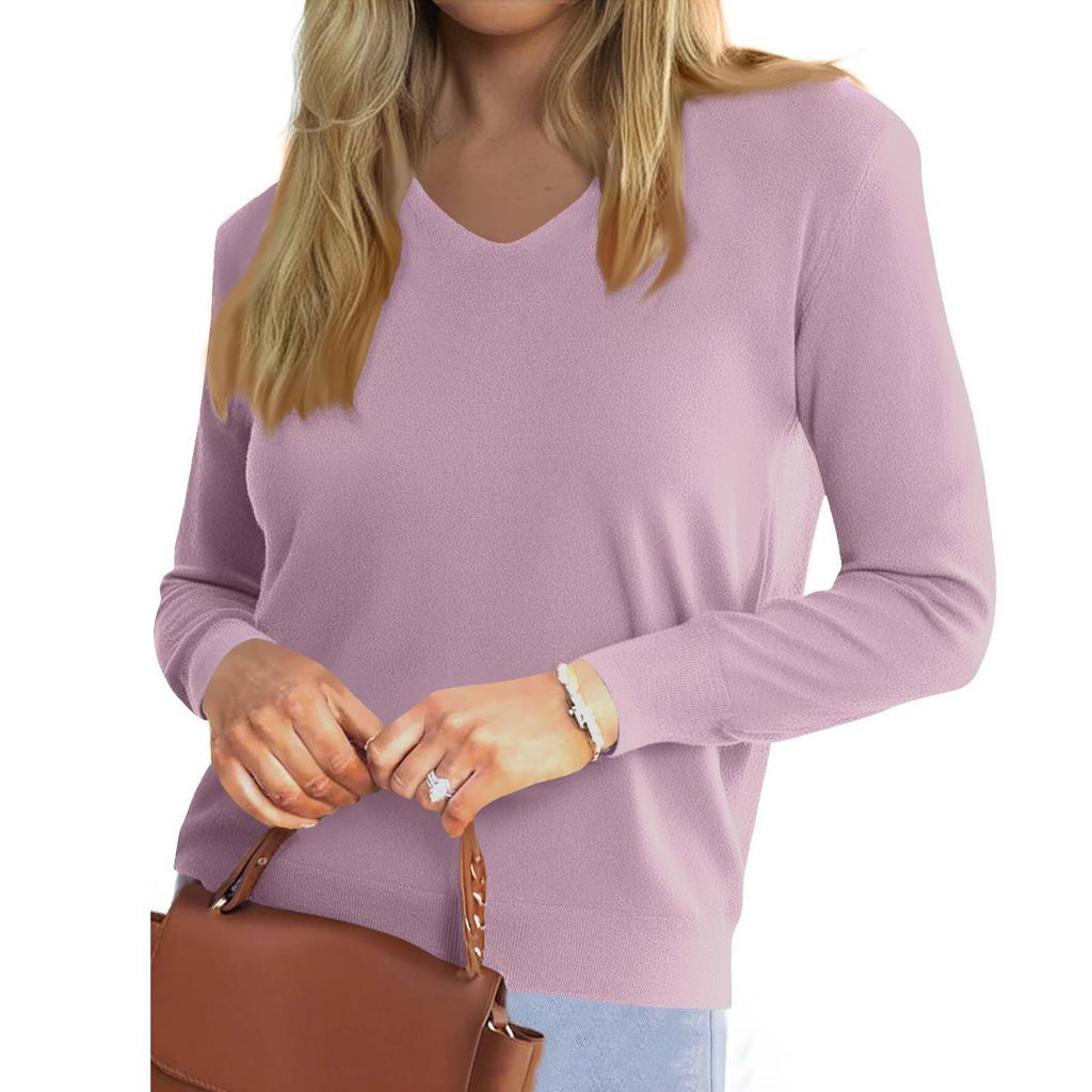 Women's Fashionable Casual V Neck Solid Color Long Sleeve Top