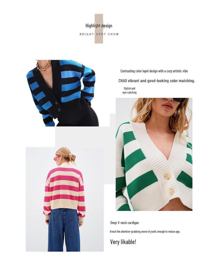 2025 Spring Women's Color Block Knit Cardigan - Loose Fit, Europe & America Style Sweater