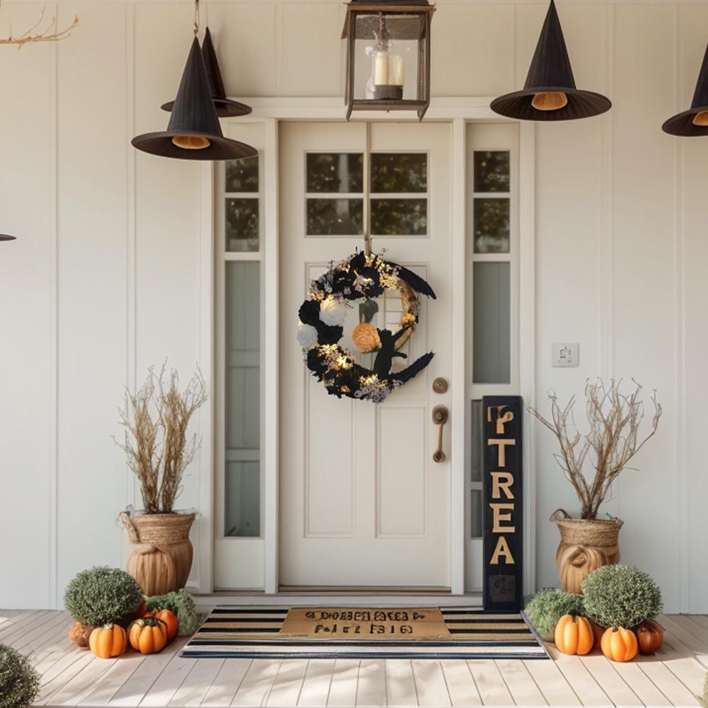 Gothic Wreath Decoration with Lights Halloween Moon Wreath with Black Cat Halloween Moon Cat Wreaths Halloween Decorations China Mainland